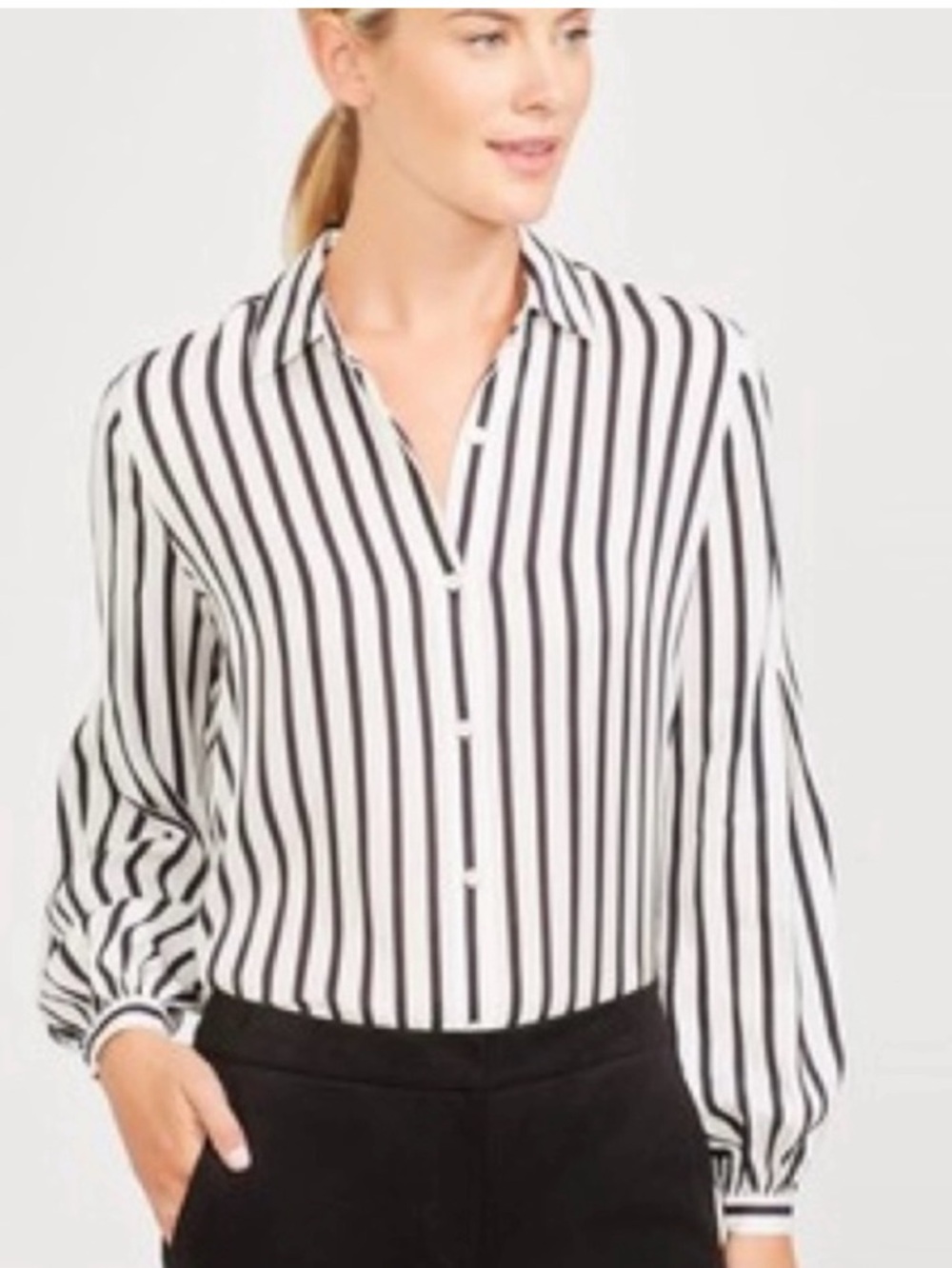 J Mclaughlin Women’s White & Black Striped Button Down Career Shirt Size XL
